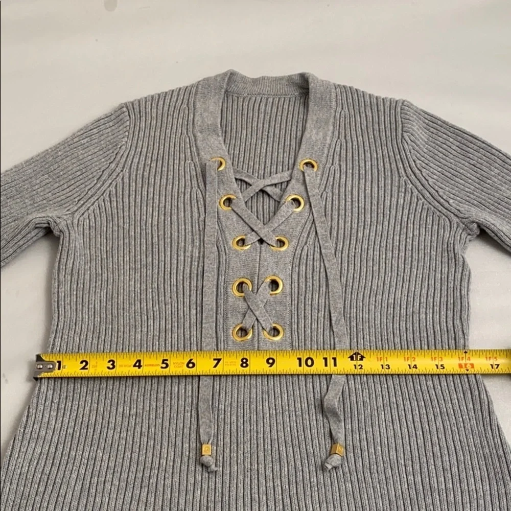 Michael Kors gray lace up ribbed three quarter sleeve sweater